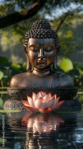 Buddha statue beside blooming lotus in tranquil water garden at sunrise