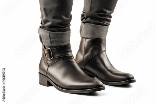 Brown leather ankle boots, buckled, on model.