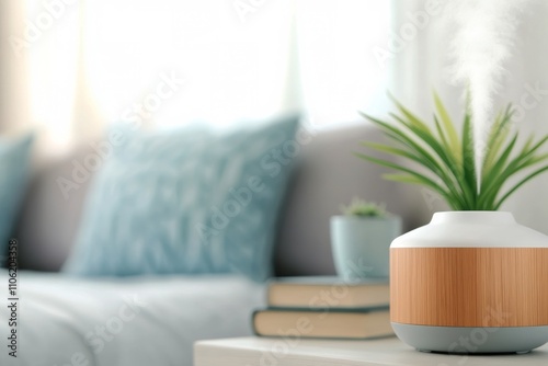 Essential oil diffuser creating aromatic mist in a cozy living room during da...