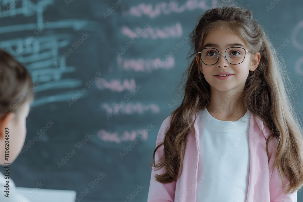 Young girl in glasses smiles while speaking in front of classroom blackboard during lesson Young girl in glasses smiles while speaking in front of classroom blackboard during lesson
