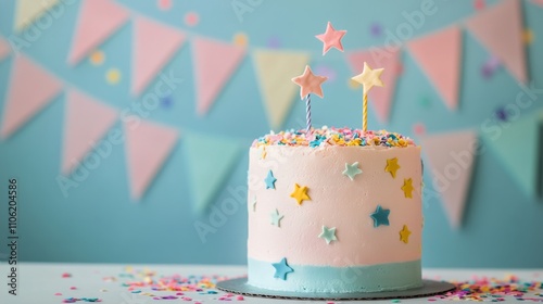 Colorful birthday cake with stars at a festive celebration backdrop