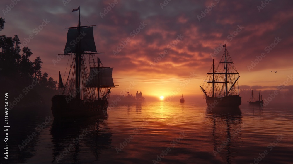 Fototapeta premium Antique sailing ships at sunset on a misty sea.