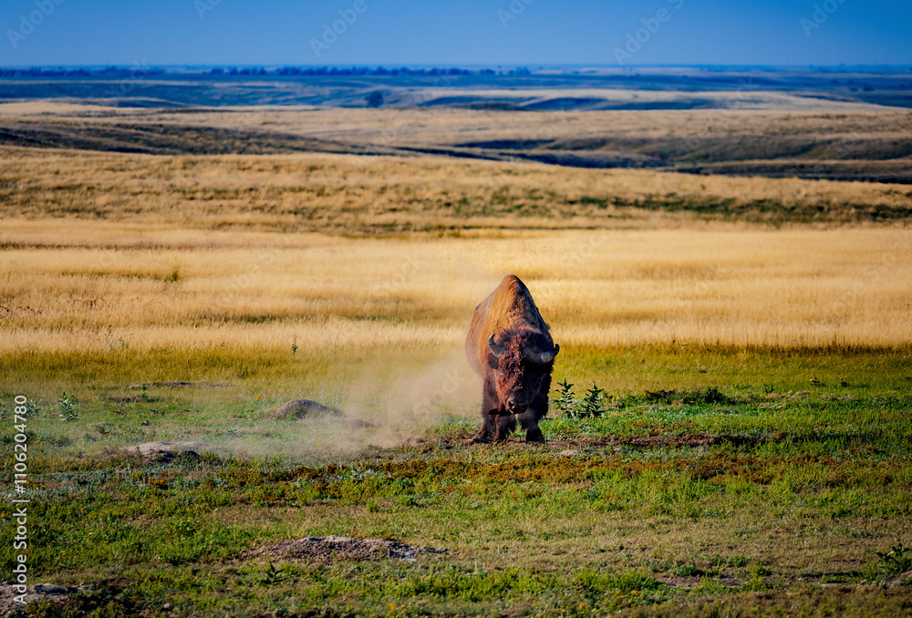 Obraz premium An adult bison kicks up dust on the plains of Badlands National Park, South Dakota