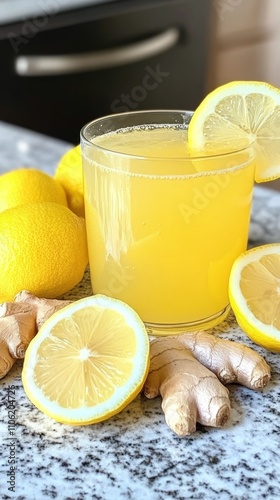 Fresh lemonade with ginger garnished with lemon slices on a kitchen countertop
