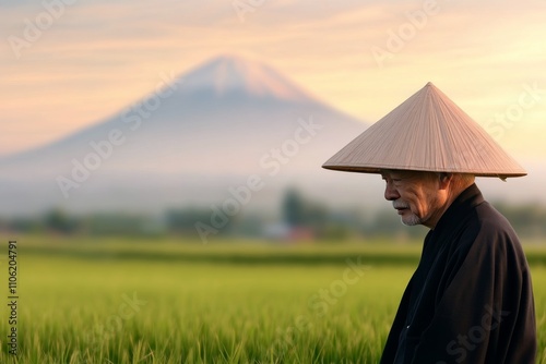 Elderly man in traditional attire near rice fields with mountain backdrop at ...