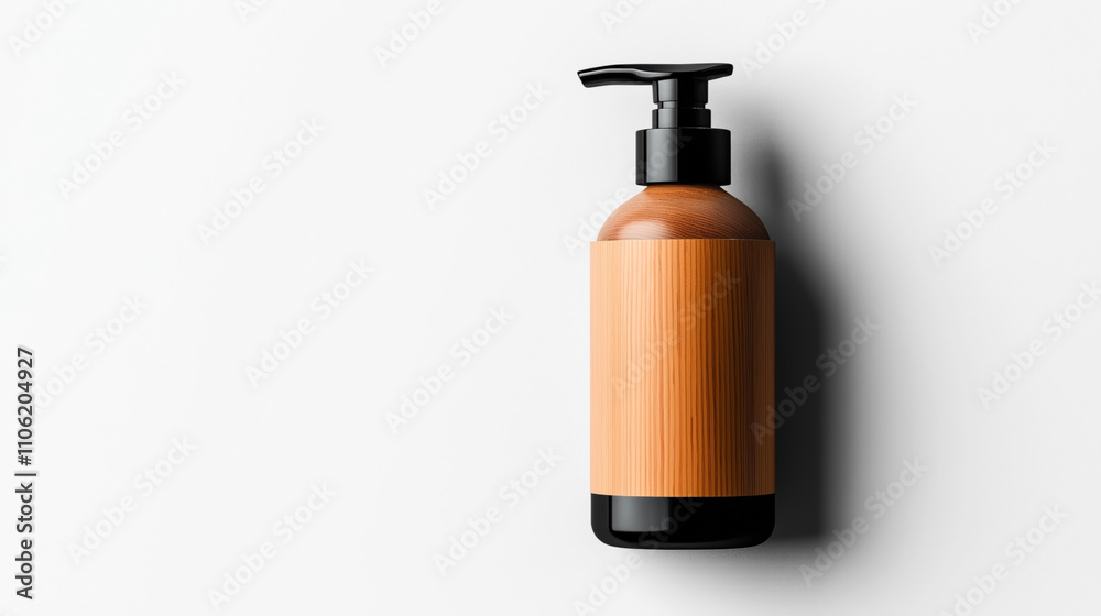 Minimalist black pump bottle with wooden texture label on white background for skincare or soap packaging. Minimalist black pump bottle with wooden texture label on white background for skincare or soap packaging.