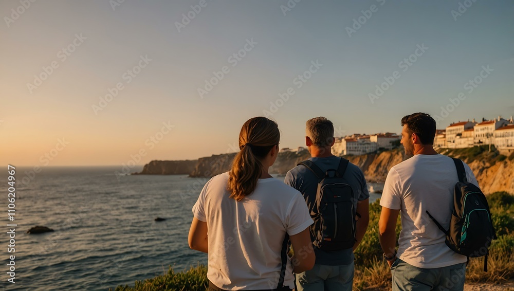 Fototapeta premium Group of people exploring Portugal’s coast, watching the sunset.