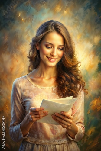 Card reading romantic, youthful woman reading a card in an artistic portrait