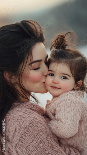 Mother and daughter share a tender moment in soft sunlight during a cozy indo...