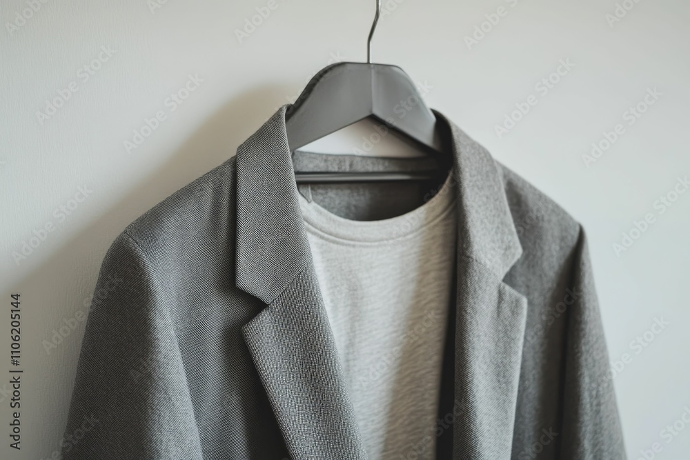 Gray jacket, gray shirt, hanging, textured fabric. Gray jacket, gray shirt, hanging, textured fabric.