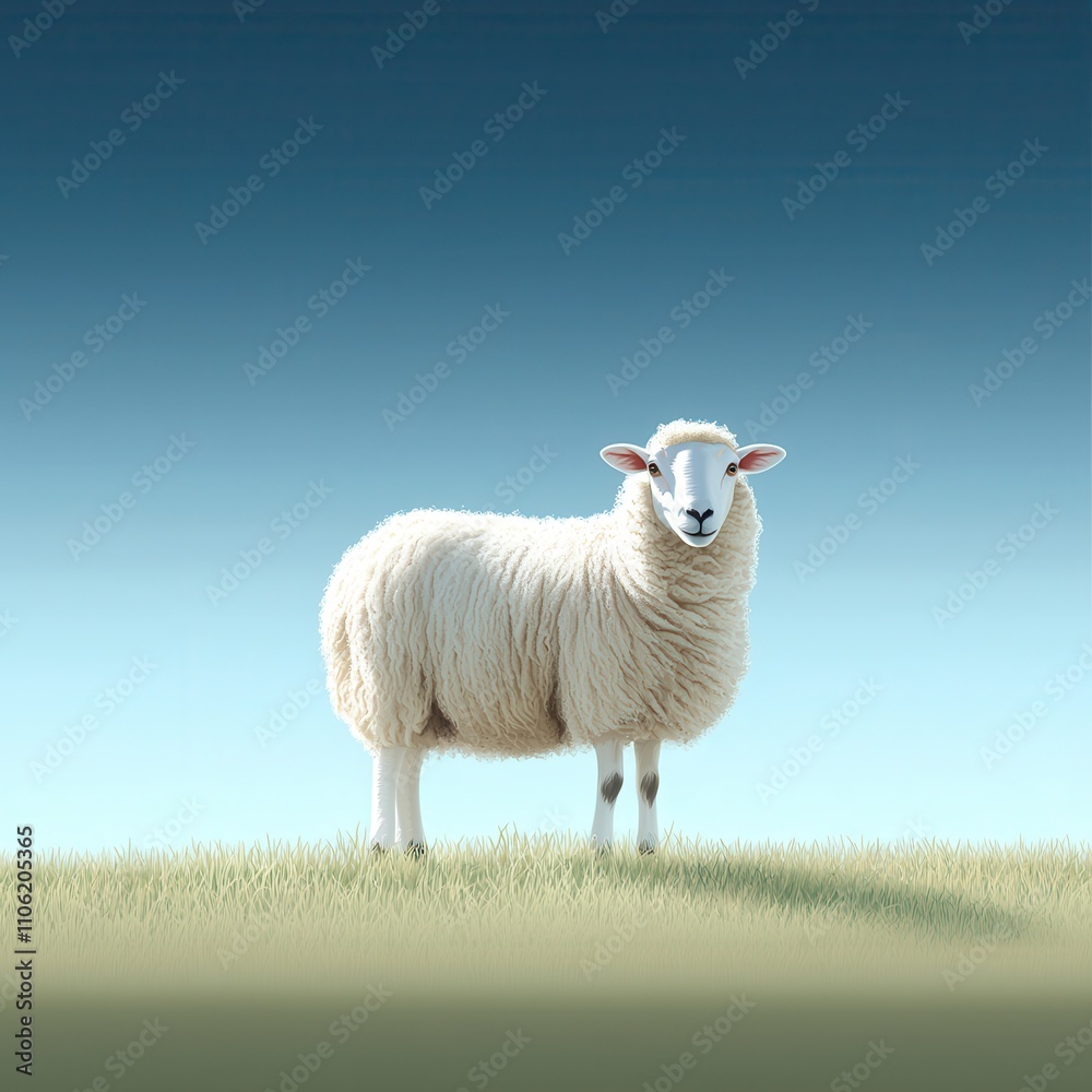 A Single Sheep Standing on a Green Pasture Under a Clear Blue Sky, Capturing the Tranquility of Farm Life and Nature's Beauty in Rural Settings A Single Sheep Standing on a Green Pasture Under a Clear Blue Sky, Capturing the Tranquility of Farm Life and Nature's Beauty in Rural Settings