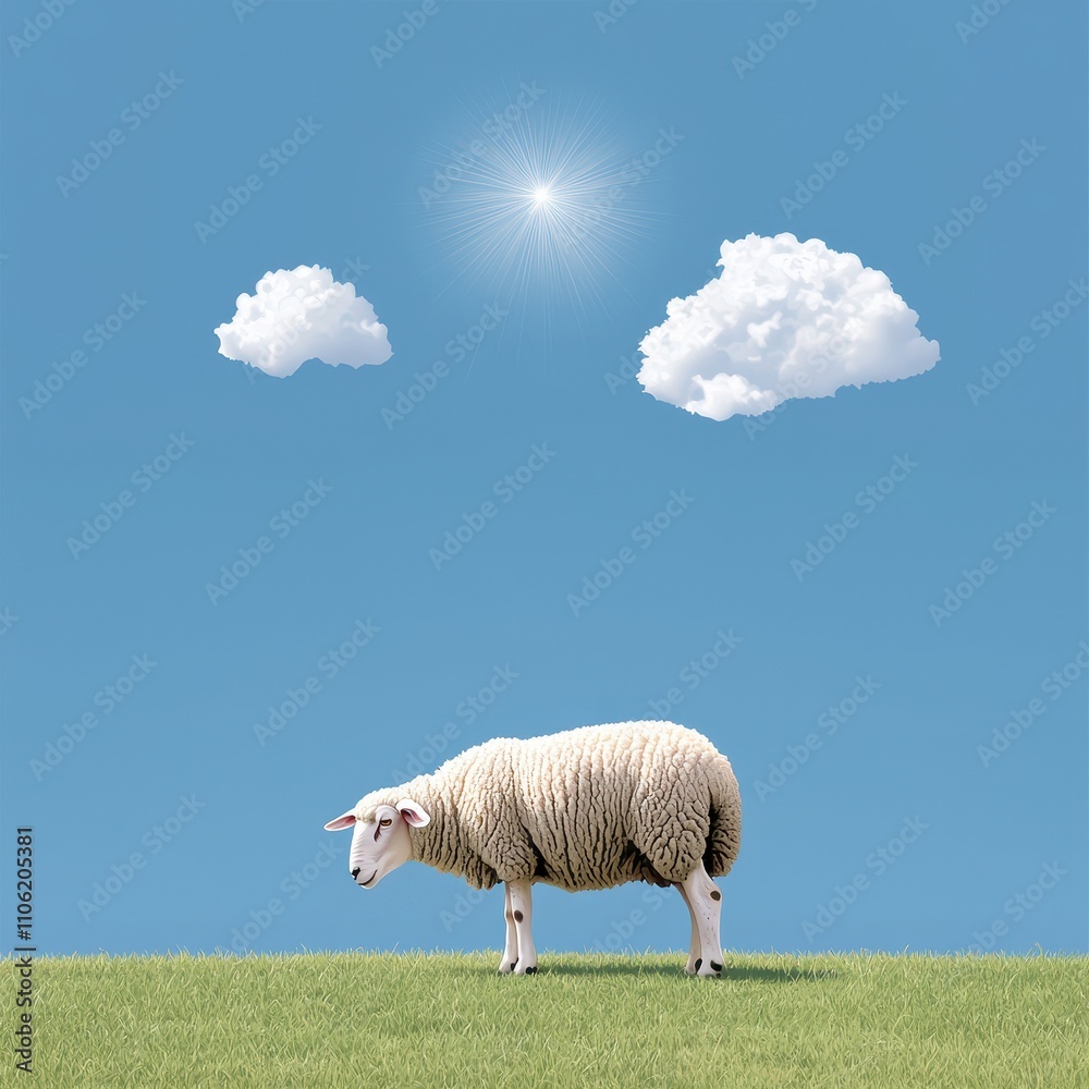 A Single Sheep Grazing Peacefully on a Green Meadow Under a Bright Sky with Fluffy Clouds and Sunlight, Representing Tranquility and Nature’s Beauty A Single Sheep Grazing Peacefully on a Green Meadow Under a Bright Sky with Fluffy Clouds and Sunlight, Representing Tranquility and Nature’s Beauty