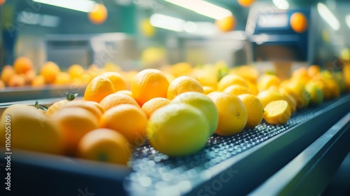 Bright oranges and lemons are lined up on a conveyor belt inside a busy juice production facility. Workers are preparing the fruits for juice extraction during peak harvesting season. photo