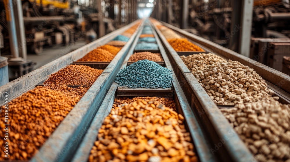 A long line of colorful granules is artfully arranged in trays within a bustling factory, showcasing the beauty of industrial production amid machinery A long line of colorful granules is artfully arranged in trays within a bustling factory, showcasing the beauty of industrial production amid machinery