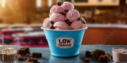 Low Sugar Ice Cream in Blue Container with Reduced Calories and Sugar Content photo