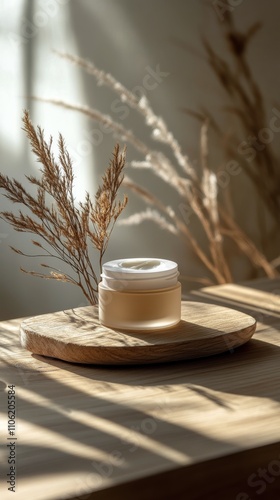 Serenity captured in natural light with a skincare jar and dried flowers at a...