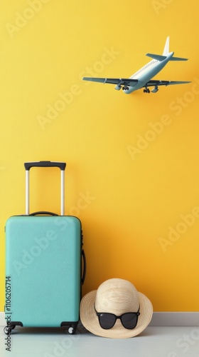 Luggage and travel accessories placed against vibrant yellow wall ready for s...