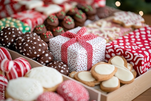 Holiday baked goods and gift wrapped packages on a table for festive celebrat...