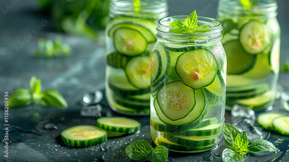 Refreshing cucumber and mint drink in vibrant jars on a rustic table Refreshing cucumber and mint drink in vibrant jars on a rustic table