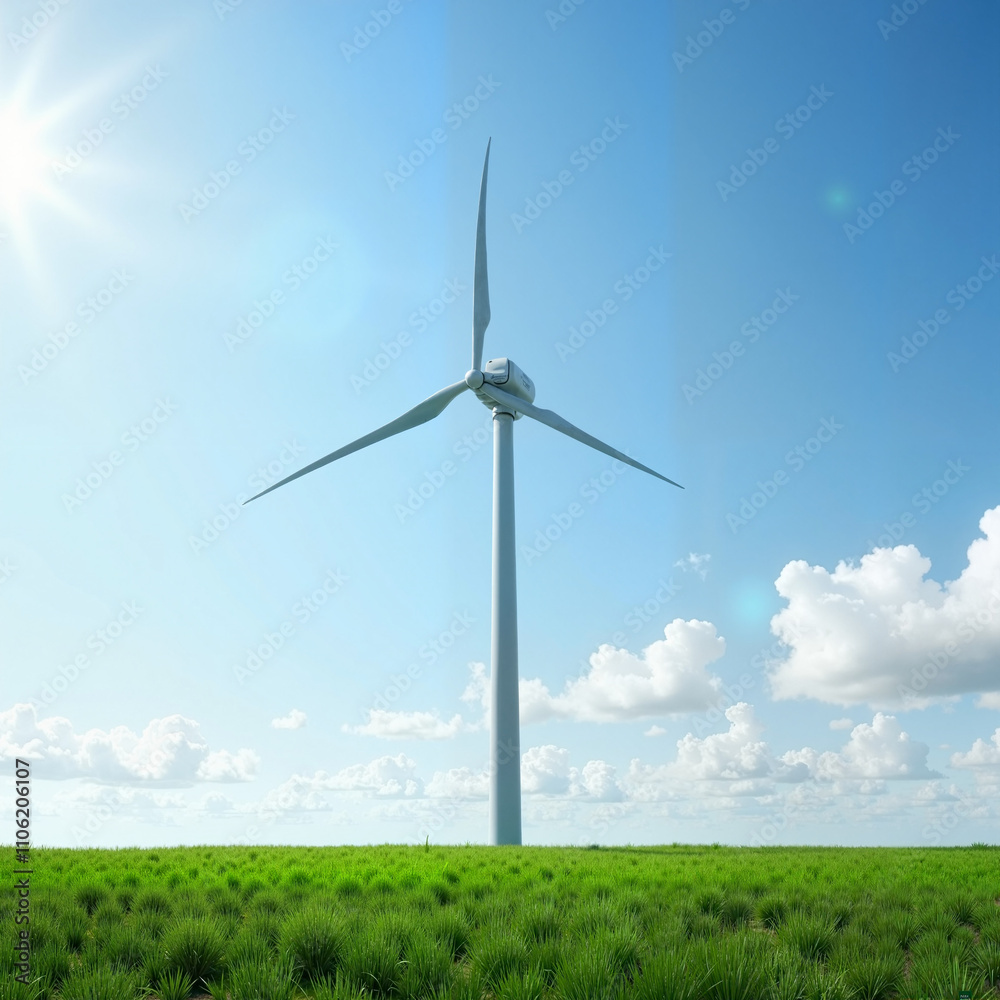 Fototapeta premium Wind turbine in green field under clear blue sky, clean energy focus