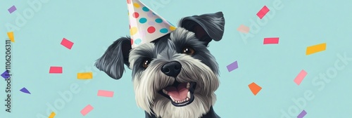 Happy dog wearing a party hat celebrating with colorful confetti in a festive...