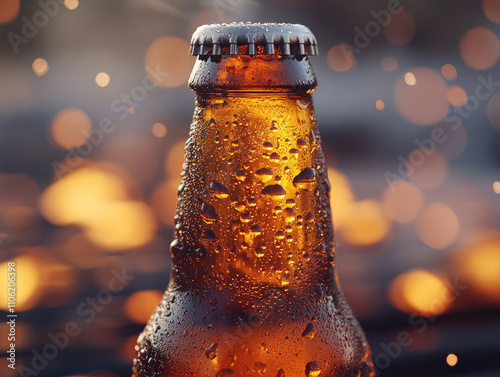 Close-up of a Cold Beer Bottle with Bokeh Background photo