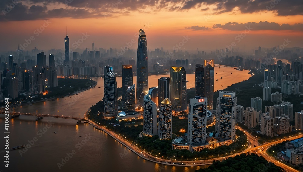 Fototapeta premium Guangzhou city skyline at sunset, Pearl River in view.