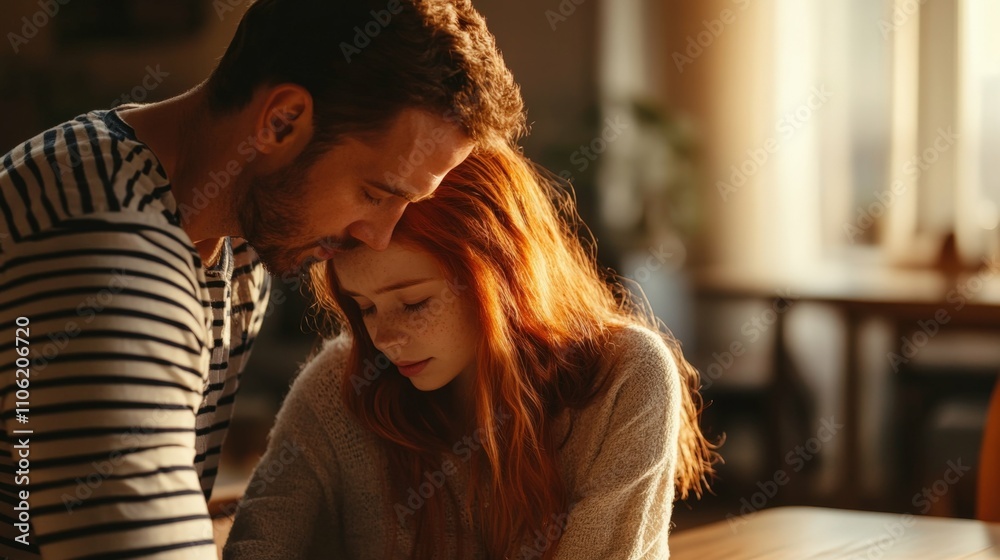 man in striped shirt comforting a red-haired girl sitting at a table soft morning light in a cozy home interior blurred furniture in the background man in striped shirt comforting a red-haired girl sitting at a table soft morning light in a cozy home interior blurred furniture in the background