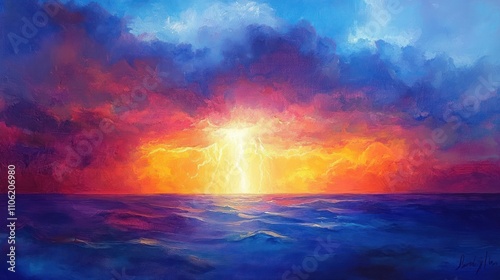 Vibrant Sunset Over Ocean With Lightning Storm