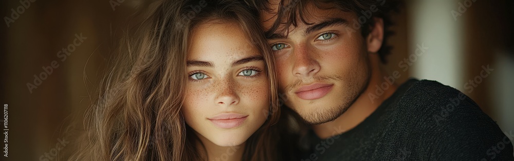 Young couple with striking blue eyes pose closely together Young couple with striking blue eyes pose closely together
