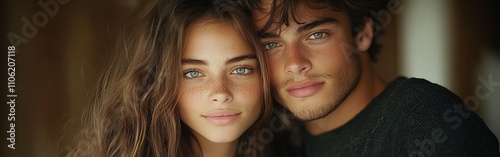 Young couple with striking blue eyes pose closely together