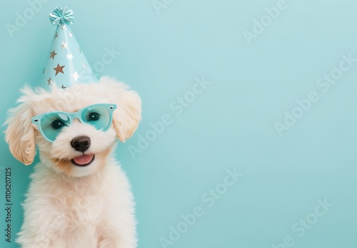 Dog in party hat and sunglasses enjoying a sunny day at the beach
