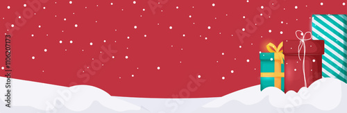 Holiday background design with gifts and falling snow. Vector illustration of snowdrifts with gifts tied with ribbon. Red background design for holidays and congratulations