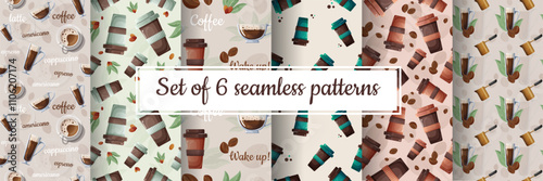 Big set of seamless patterns with hot coffee and beans. vector illustration of a turk. design of a seamless pattern for textiles and paper. Illustration of glassware. Typography design