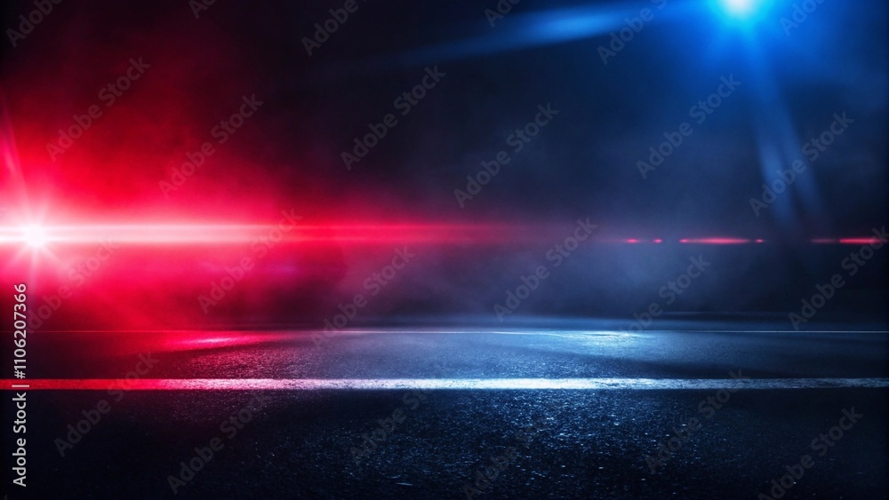 Obraz premium A vibrant red and blue light beam illuminates a dark road, creating a striking contrast in the night scene.