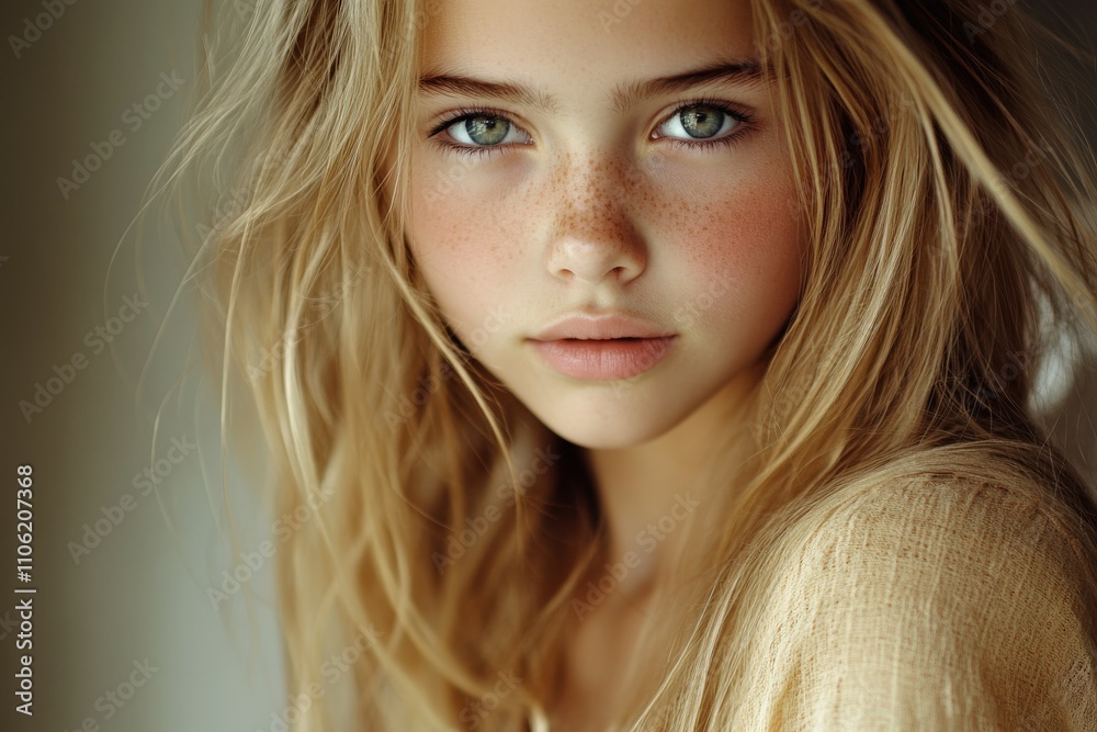 Young girl with blonde hair and striking green eyes Young girl with blonde hair and striking green eyes