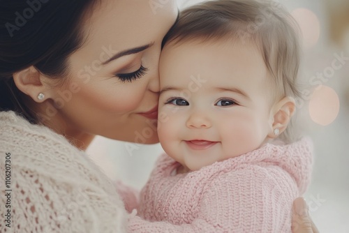Mother and baby sharing a tender moment with cheerful expressions indoors