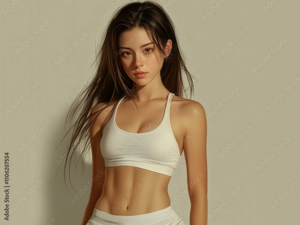 Model poses in a minimalist studio with soft lighting Model poses in a minimalist studio with soft lighting