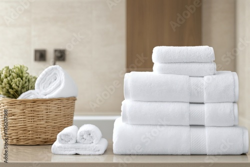Spa setting with neatly stacked towels and basket of rolled towels on a tranq...