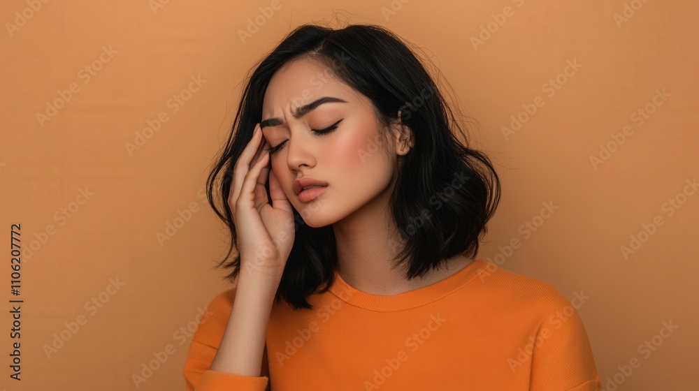 young woman holding her ear in discomfort wearing casual clothes against a neutral background soft studio lighting with subtle shadows young woman holding her ear in discomfort wearing casual clothes against a neutral background soft studio lighting with subtle shadows