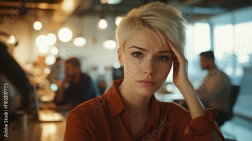 woman with short blonde hair holding her forehead in a crowded office colleagues working in the background modern corporate space with bright lighting