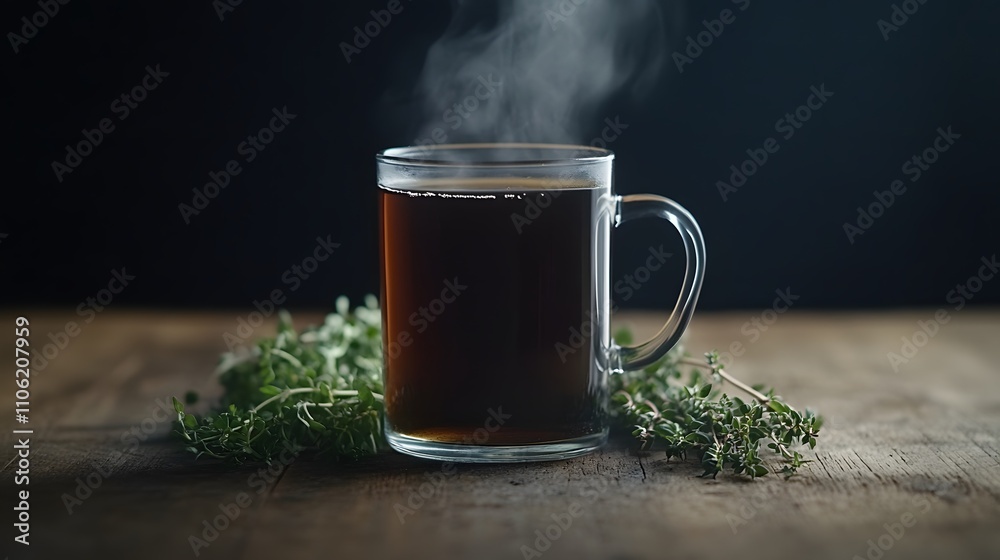 A steaming cup of herbal tea, with the warm brown liquid and steam rising from it A steaming cup of herbal tea, with the warm brown liquid and steam rising from it