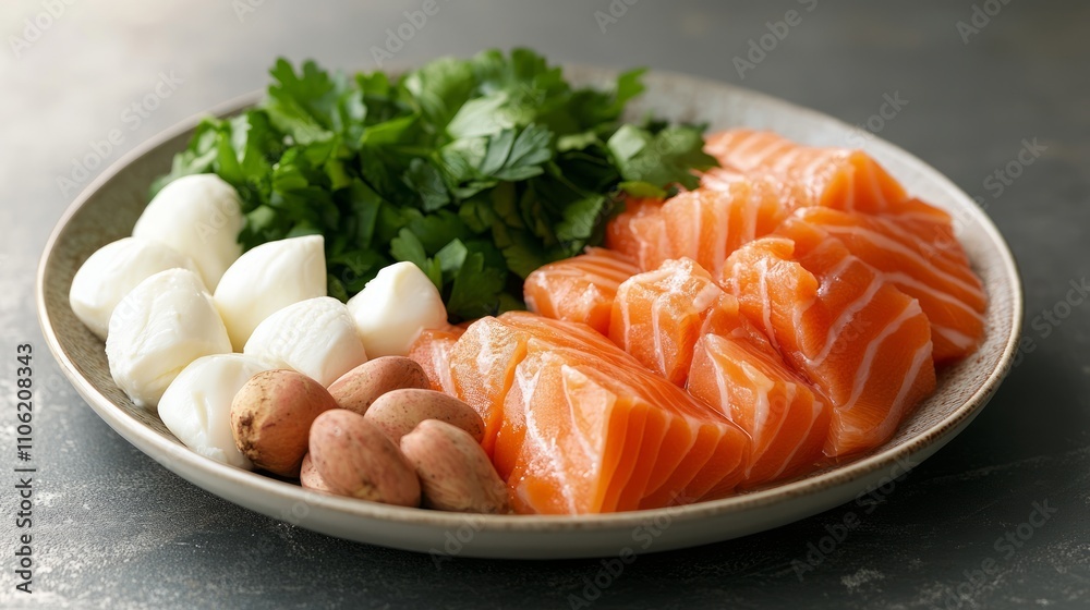 Plate of fresh salmon, mozzarella, peanuts, and parsley. Plate of fresh salmon, mozzarella, peanuts, and parsley.