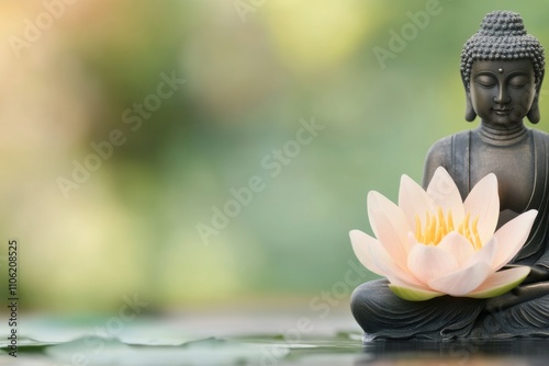 Serenity of a Buddha statue beside a pink lotus flower in a tranquil water ga...