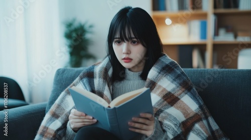 woman with black hair wrapped in a thick plaid blanket sitting on a modern sofa holding a book minimalistic living room with soft lighting