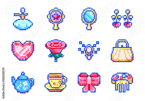 Pixel Art Princess Icon Set. 8 bit Cute Decorative Stickers - Heart, Rose, Mirror, Bow, Jewelry, Teapot, Perfume, Cup, Accessories, Retro Gaming Style