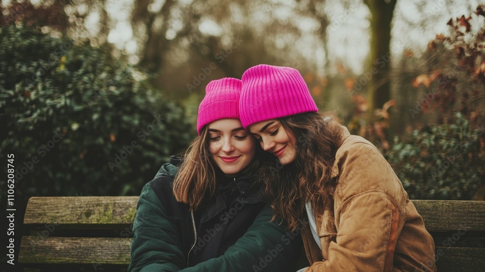 two women sitting on a park bench hugging one wearing a bright pink beanie and both smiling green natural scenery with vibrant daylight two women sitting on a park bench hugging one wearing a bright pink beanie and both smiling green natural scenery with vibrant daylight