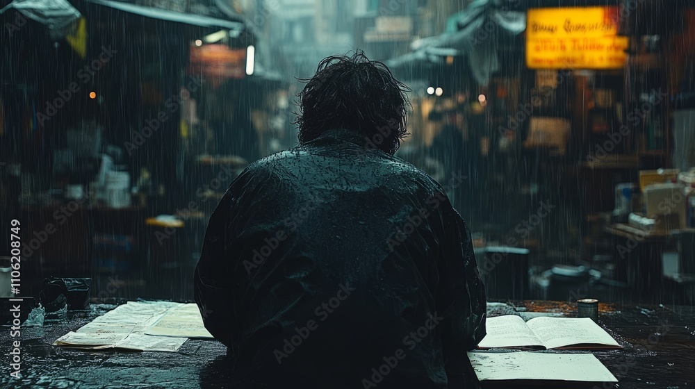 Rain falls in a dim alley where a lone figure sits, deep in thought, while flickering market signs stir nostalgia Rain falls in a dim alley where a lone figure sits, deep in thought, while flickering market signs stir nostalgia