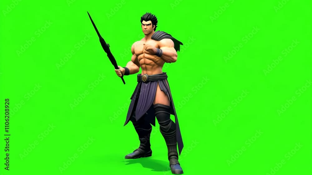 Samurai Warrior in Action with Katana on Green Background Samurai Warrior in Action with Katana on Green Background