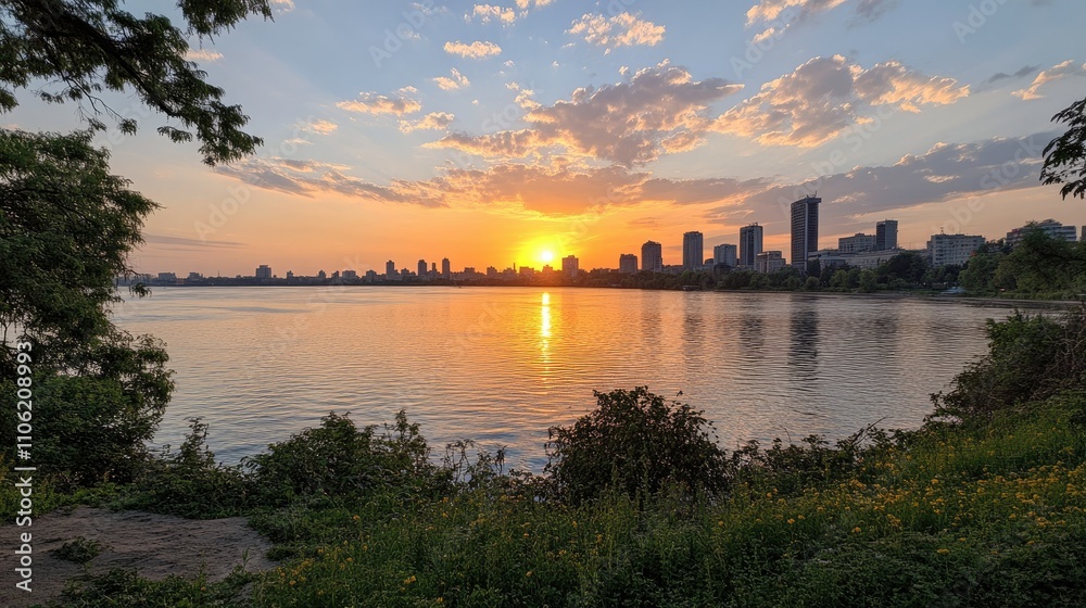 Serene sunset over city skyline reflecting in calm water Serene sunset over city skyline reflecting in calm water